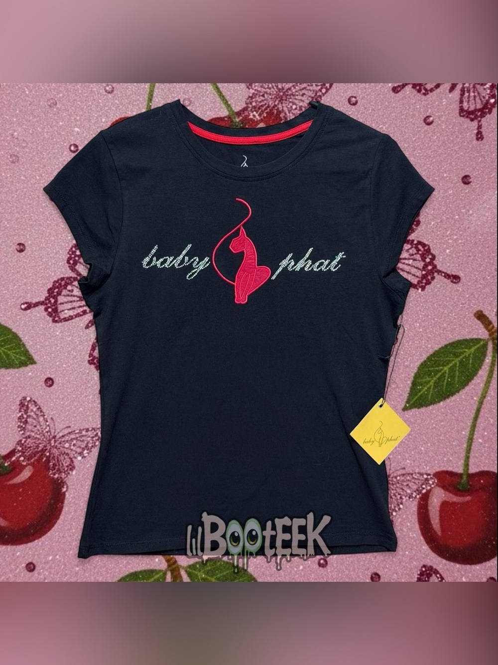 Baby Phat XL Black Cap Sleeve Tee with Rio Red Cat & Rhinestone Logo NwT Y2K